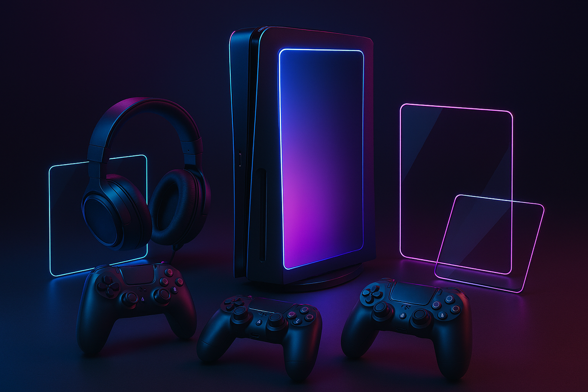 Sleek gaming console with neon purple glow, controllers, and futuristic accessories—next-gen hardware showcase, luxury gamer aesthetic, bold modern energy