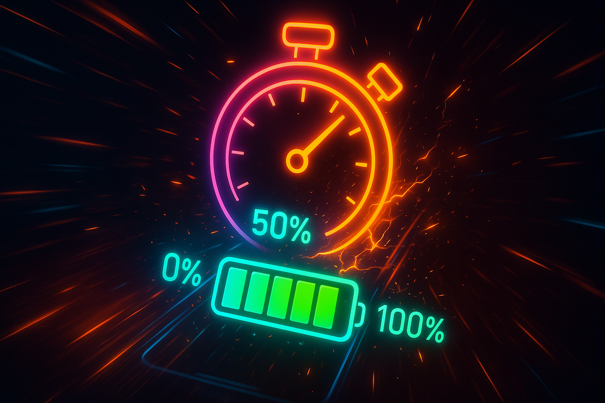 Explosive neon stopwatch over battery bar racing from 0% to 100%—half-charged milestone glowing with speed and energy—adrenaline-pumping fast charging power
