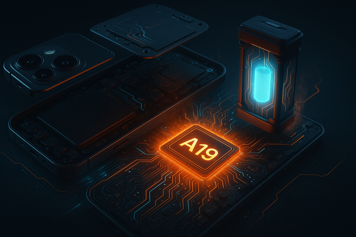 Cutaway smartphone with glowing A19 chip and futuristic battery core—neon circuitry blazing—innovation and efficiency collide in next-gen charging tech