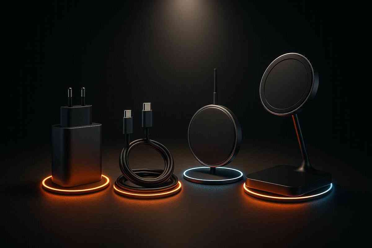 Minimalist lineup of USB-C charger, cable, MagSafe pad, and stand—moody spotlight and neon rings—premium accessory showcase with sleek power vibes