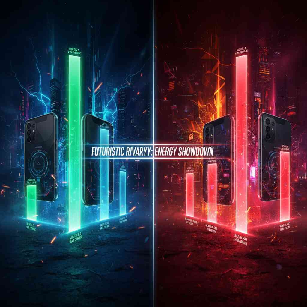 Split-screen cyberpunk cityscape with glowing battery bars and rival phones—epic energy duel, high-stakes charging race, electrifying tech battle