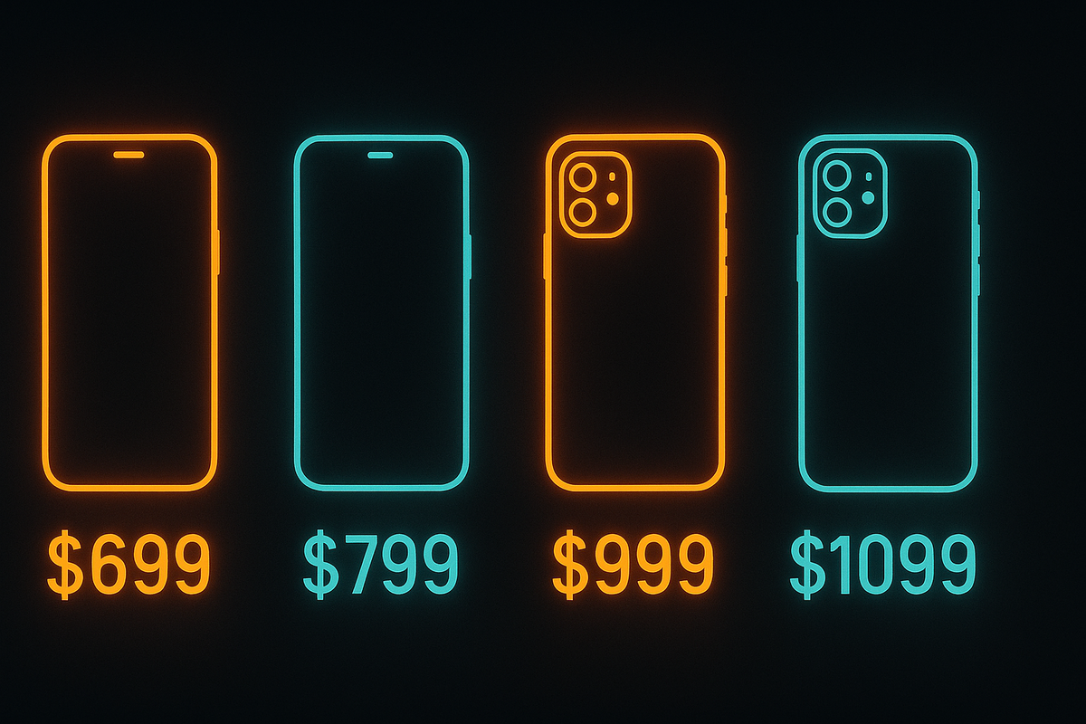 Vibrant neon smartphone lineup with glowing price tags—$699, $799, $999, $1099—bold cost comparison radiating urgency, excitement, and premium energy