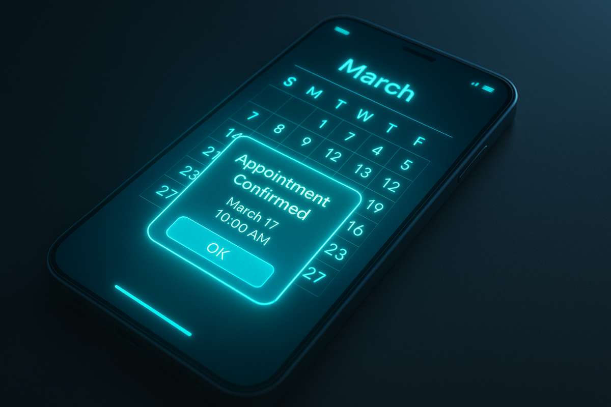 Glowing futuristic calendar on smartphone screen—appointment confirmed for March 17—smooth booking flow, efficiency, and sleek digital confidence