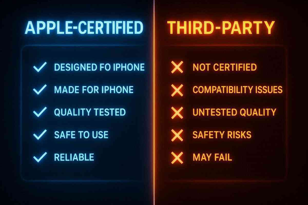Split neon chart: Apple-certified vs. third-party repairs—blue trust vs. orange caution, vivid checklist of quality, safety, and hidden risks revealed