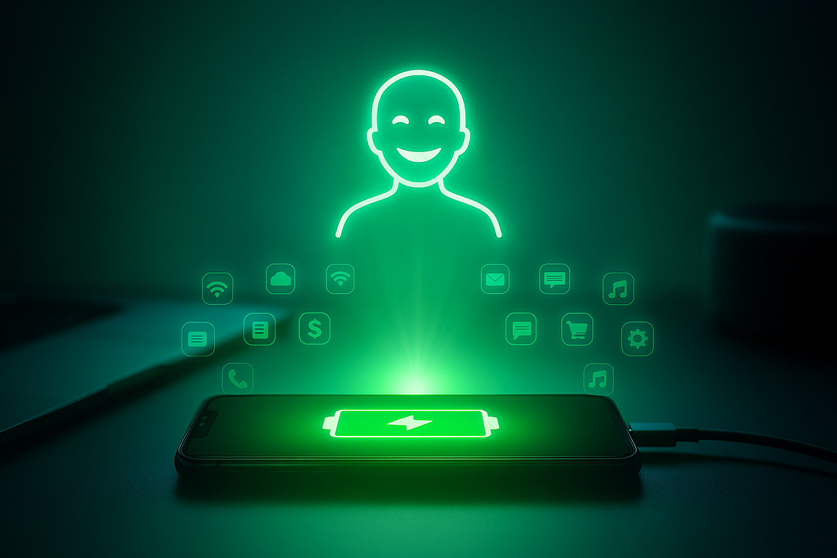 Bright green holographic smile icon over charging phone—peace of mind, restored energy, and seamless post-repair happiness glowing in digital harmony