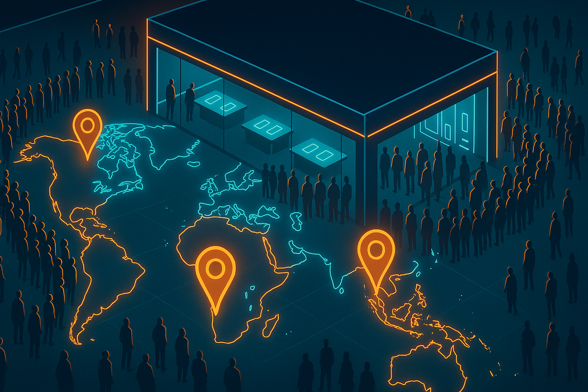 Global store map glowing with orange location pins and massive lines—worldwide excitement, launch fever, tech lovers rushing to see the future