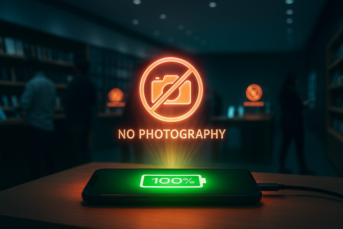 No photography glowing sign over fully charged smartphone—quiet tension, tech reverence, premium showroom atmosphere with a dramatic glow