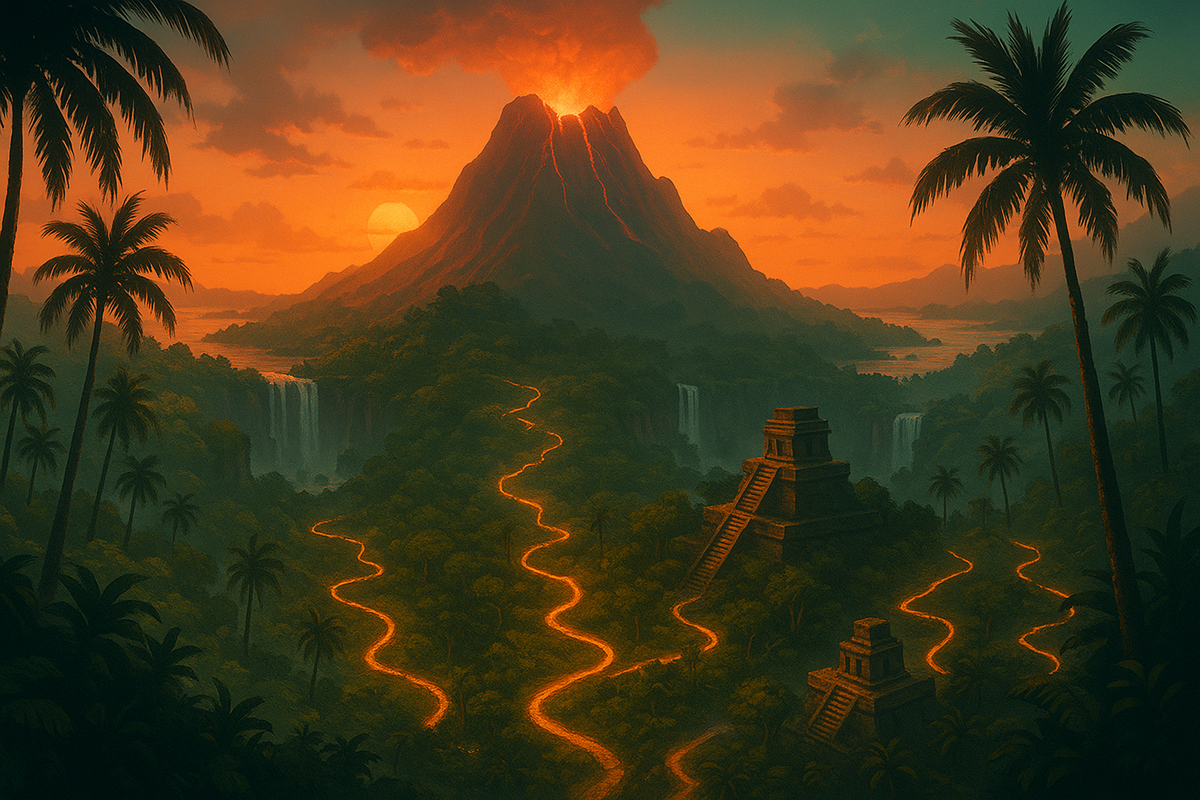 Volcanic island landscape with lava rivers and ancient temples at sunset—dramatic exploration vibe, epic jungle scenery, adventure game expansion