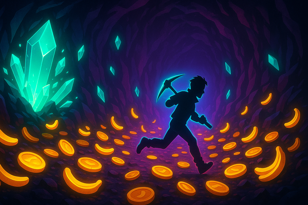 Silhouette miner running through crystal cave filled with bananas and coins—thrilling treasure hunt energy, neon adventure excitement
