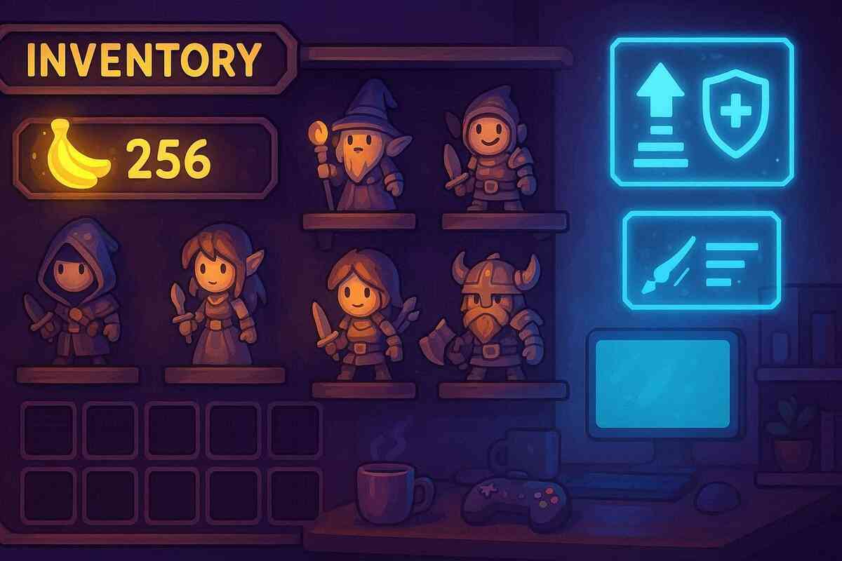 Cozy RPG inventory screen with cute pixel heroes and glowing upgrade icons—nostalgic warmth, strategic planning, game collection charm