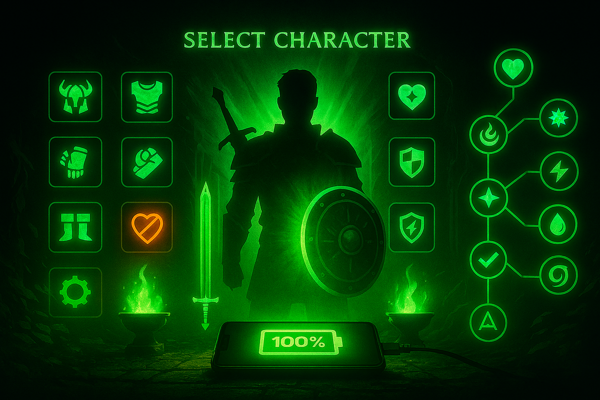 Epic RPG character selection screen with glowing emerald weapons and intricate skill trees—futuristic strategy vibes, powerful hero customization