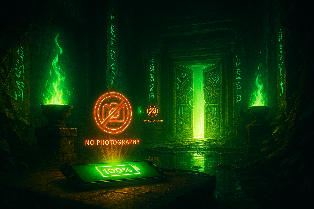 Ancient glowing dungeon gate with neon green fire and no photography warning over fully charged phone—mysterious portal energy, secret level allure