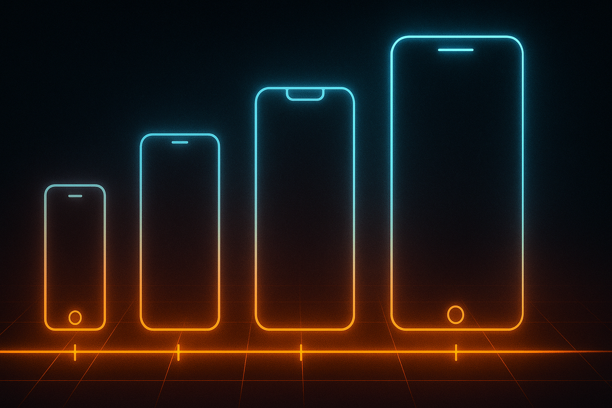 Neon glowing lineup of smartphones in ascending size—dramatic evolution timeline, cutting-edge tech history, bold futuristic minimalism
