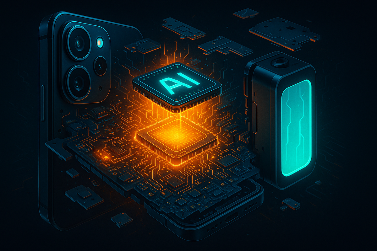 Exploded smartphone with glowing AI chip and battery module—intense cyber energy, powerful performance unleashed, next-gen innovation core