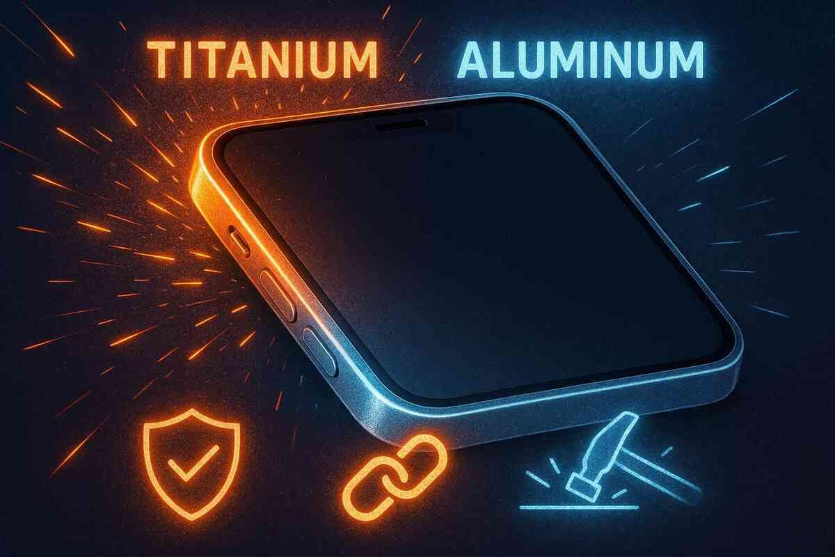 Titanium vs Aluminum phone frame in neon clash—sparks flying, durability showdown, bold strength and elegance visualized