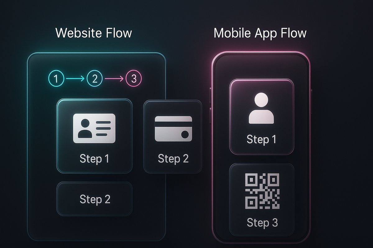 Split-screen reservation guide—step-by-step website vs mobile app booking flow glowing in neon gradient—organized, user-friendly, futuristic clarity