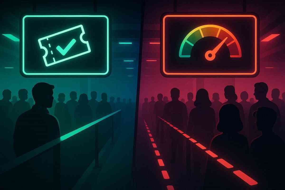 Guaranteed-pickup vs walk-in chance—two neon lanes showing certainty vs risk for buying iPhone 17