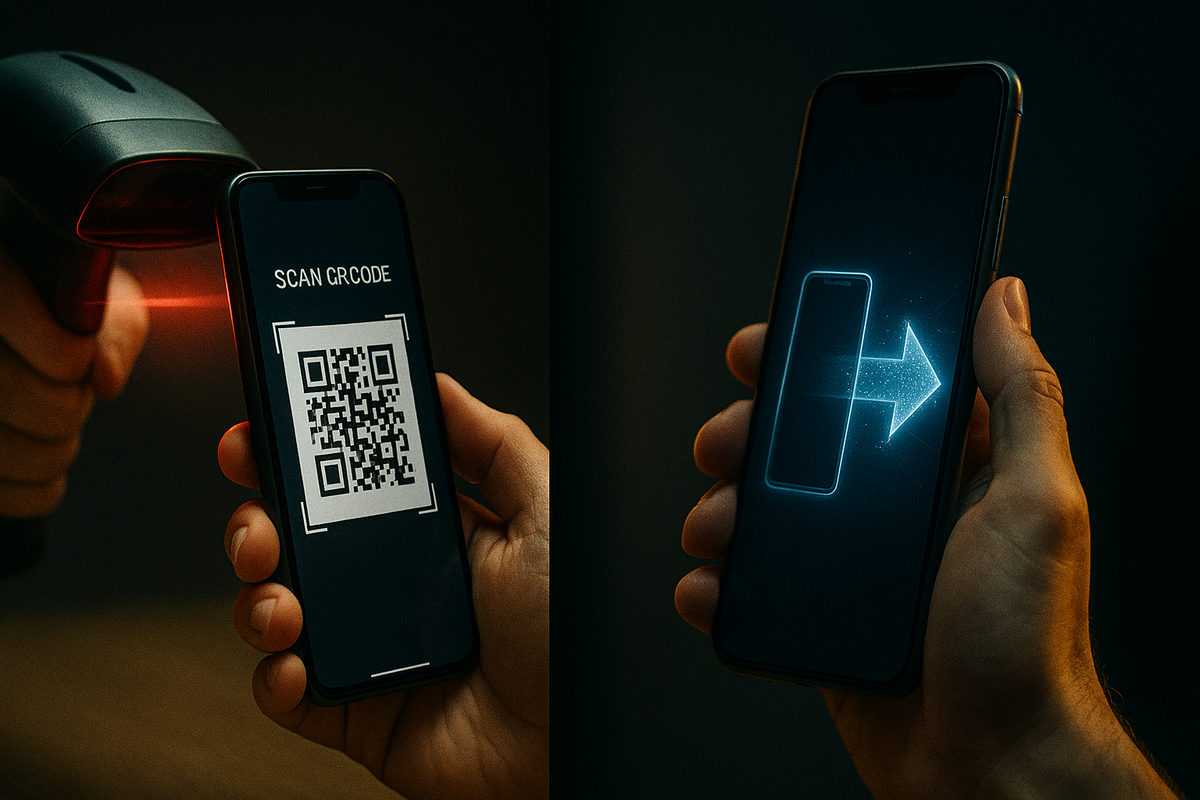 Close-up QR code scan and phone-to-phone arrow transfer glowing in neon—hands-on step-by-step eSIM migration, thrilling tech precision, sleek modern vibes