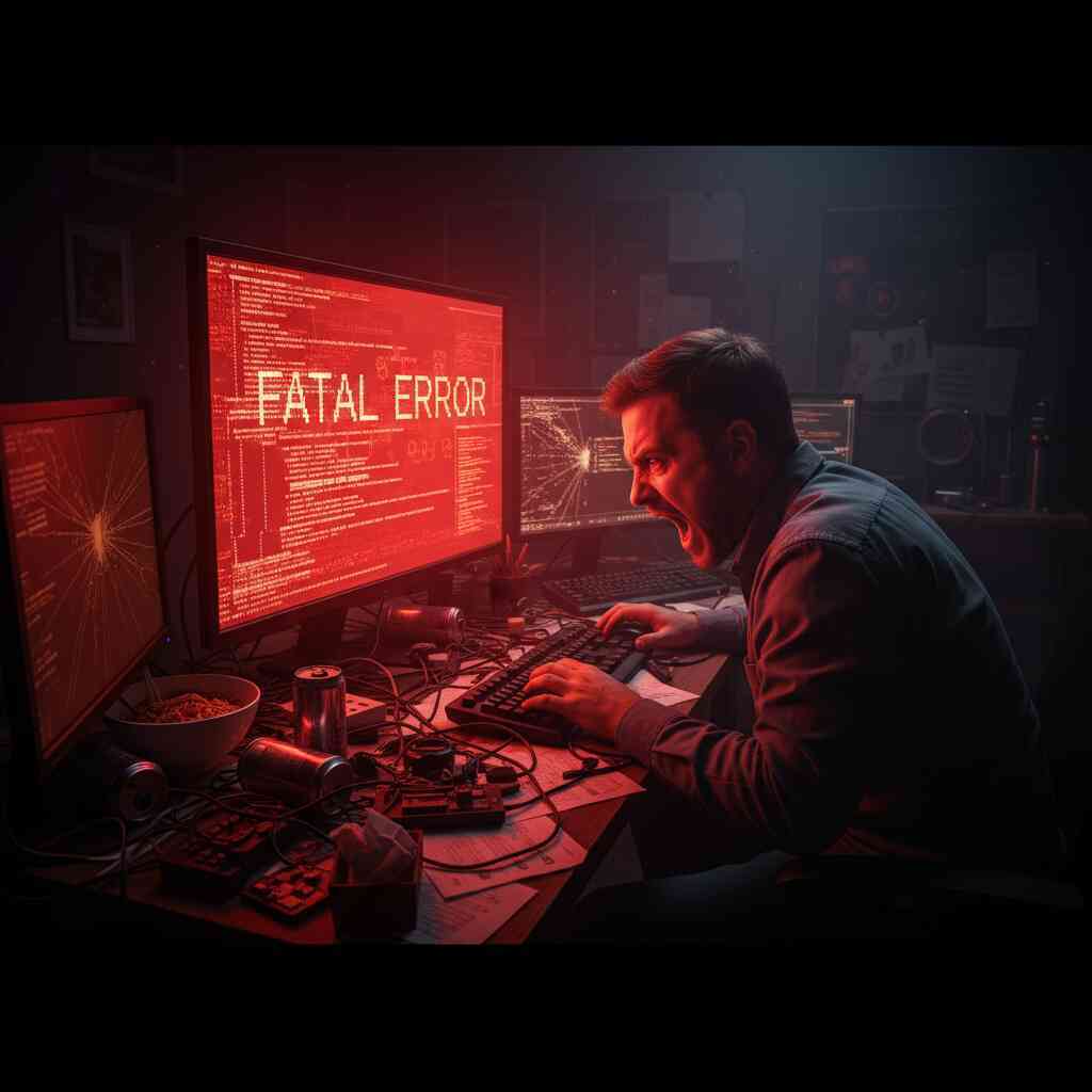 Angry man screaming at blazing red “FATAL ERROR” screen, dark tech cave cluttered with wires—raw frustration, cyber chaos, glitch anxiety, dramatic tension