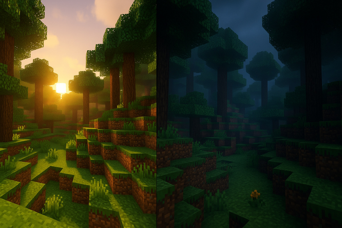 Day-to-night voxel forest split scene—golden sunset warmth fading into misty midnight darkness, dramatic survival game tension and immersive atmosphere
