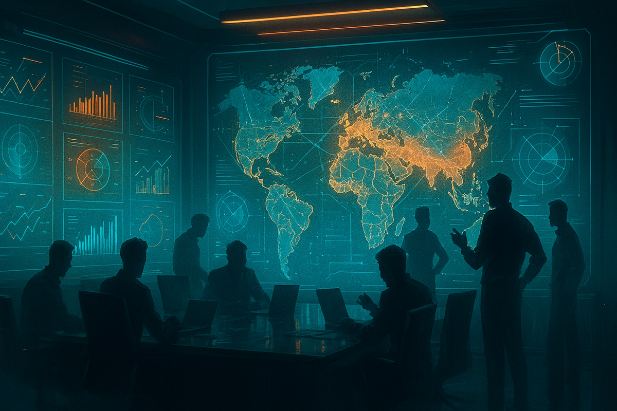 Secretive boardroom war room with glowing global maps and data screens—intense strategic atmosphere, cinematic planning scene, futuristic corporate intrigue