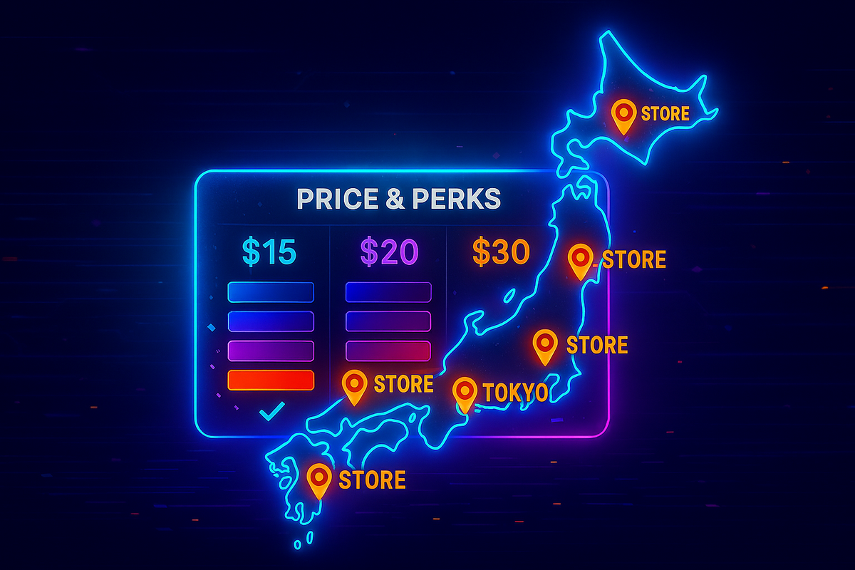 Vibrant Japan map with glowing store markers and bold pricing grid—nationwide tech availability and perks comparison, powerful retail strategy feel