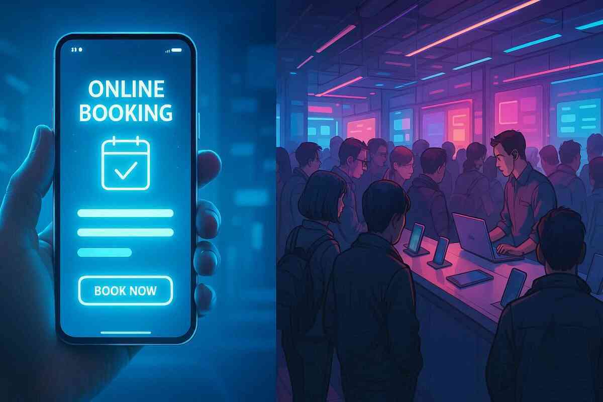 Split-screen view: neon blue “online booking” phone screen vs crowded futuristic store scene—tense contrast between digital ease and real-world rush