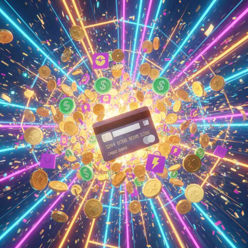 Explosive burst of glowing coins, cashback icons, and power symbols orbiting a sleek credit card—intense celebration of rewards and savings