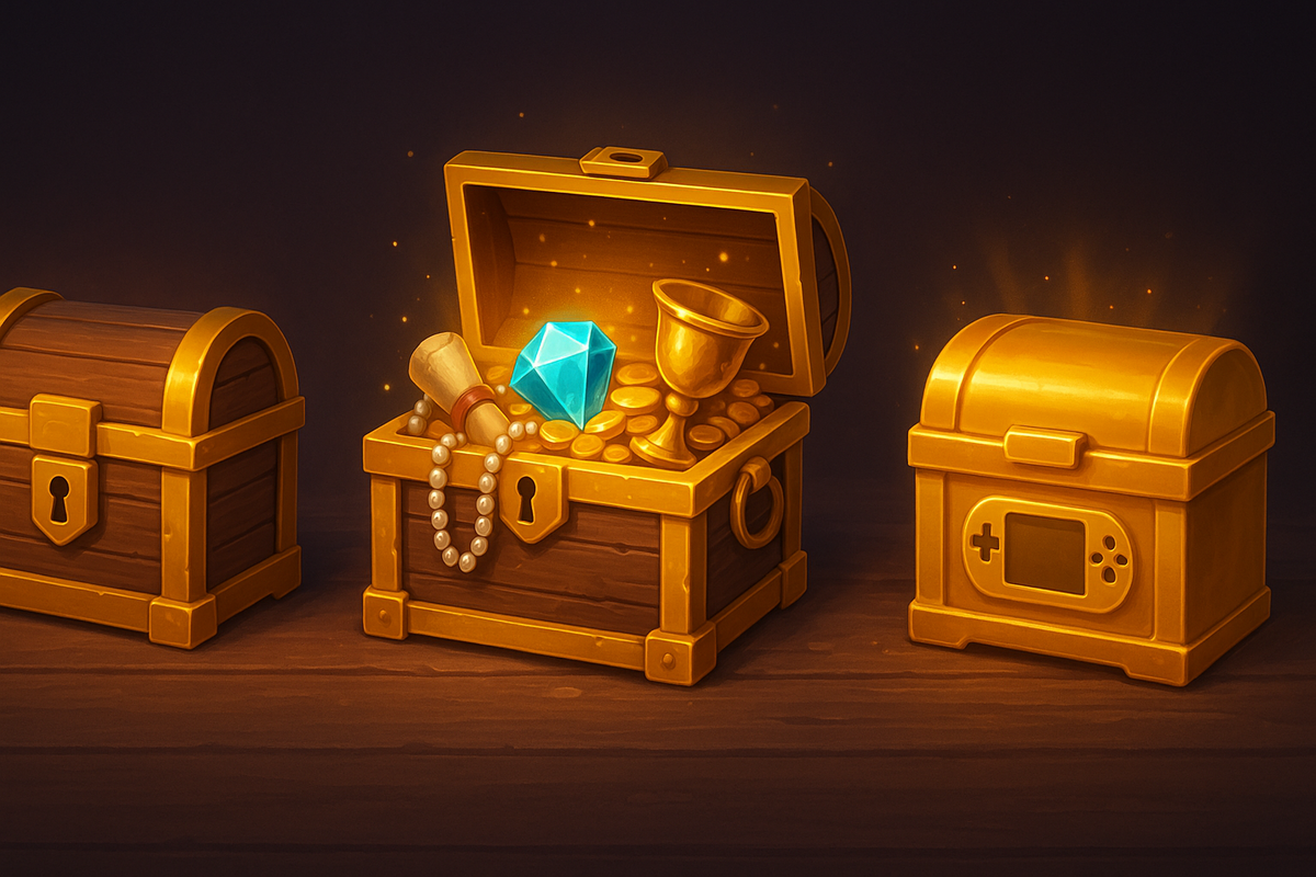 Golden treasure chests bursting with jewels, pearls, and coins—sparkling excitement, luxury glow, irresistible reward energy for gamers