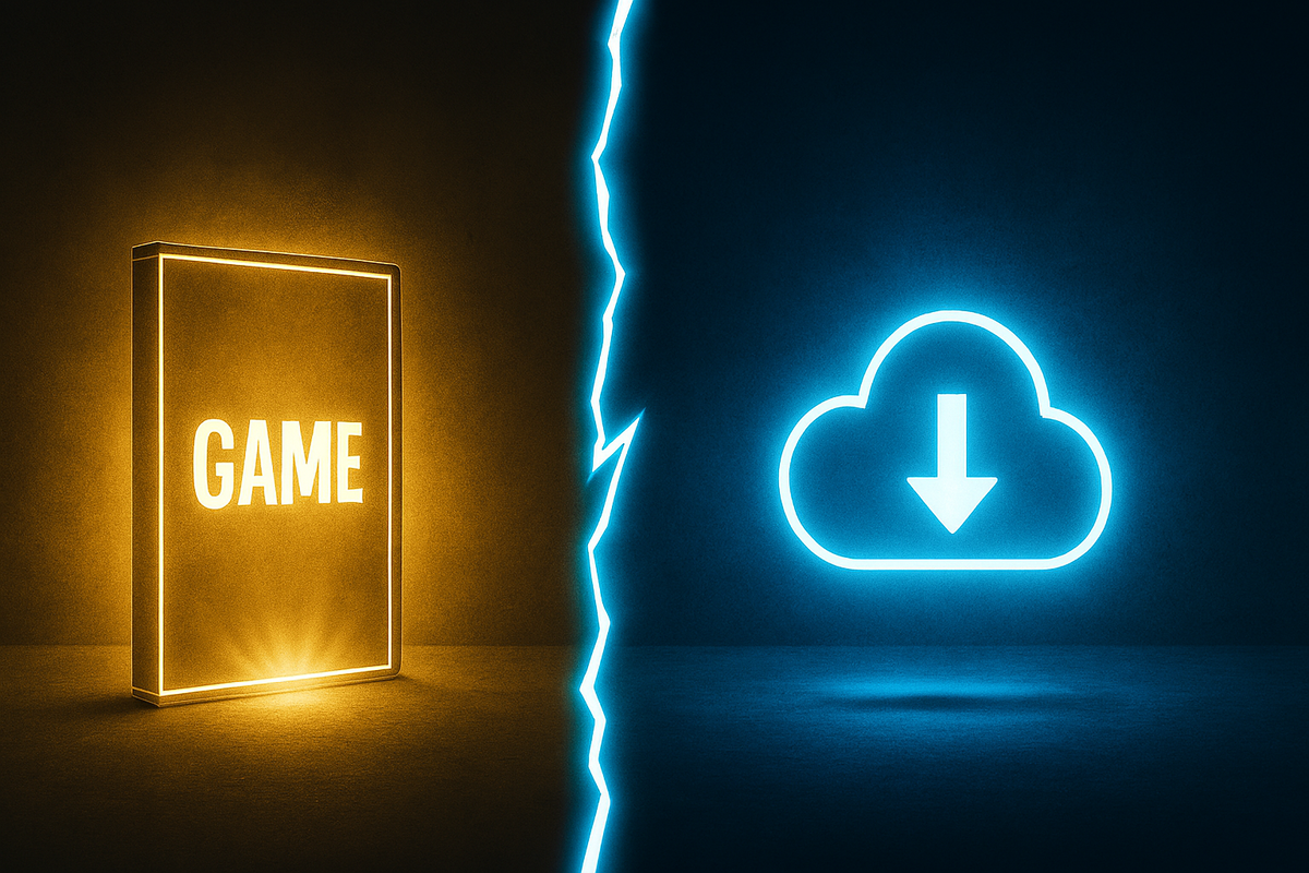Glowing split between golden physical game case and blue digital download cloud—decisive choice moment, electrified tension, ultimate gamer dilemma