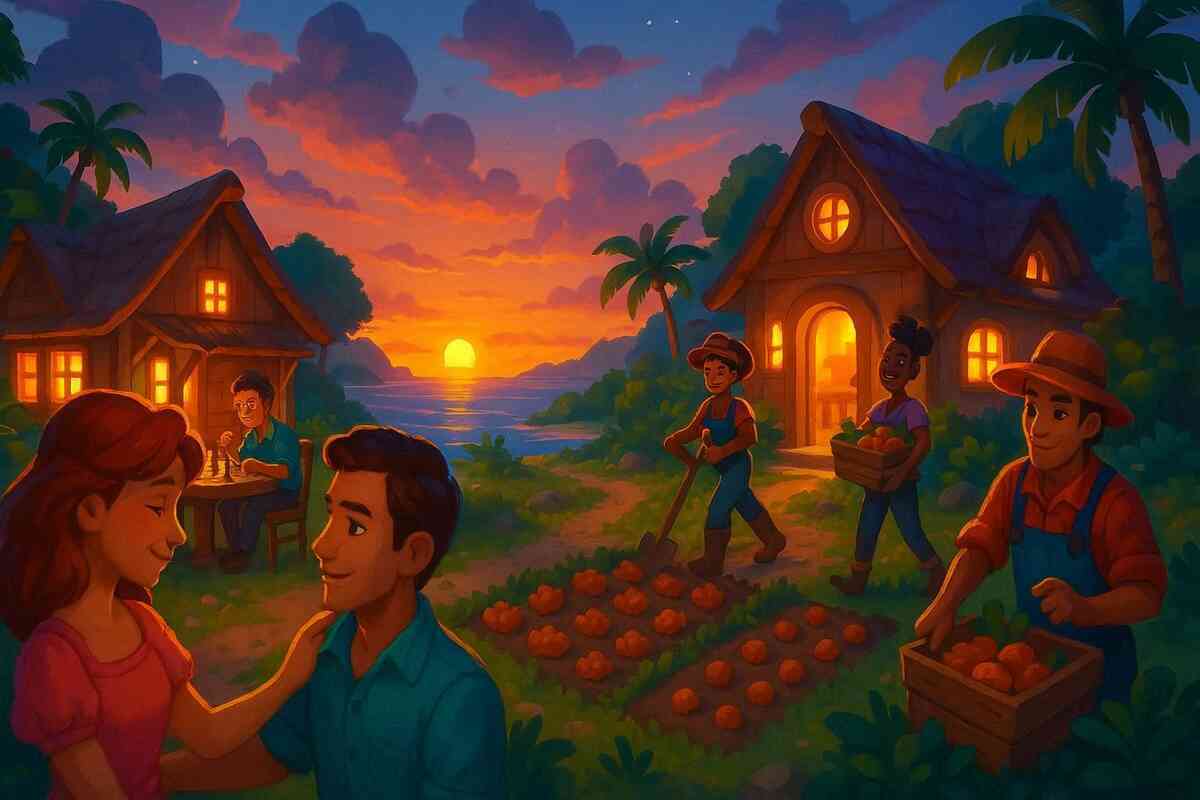 Island sunset with villagers farming, couples in love, glowing houses—heartwarming life simulation dream, cozy bonds, vibrant community energy