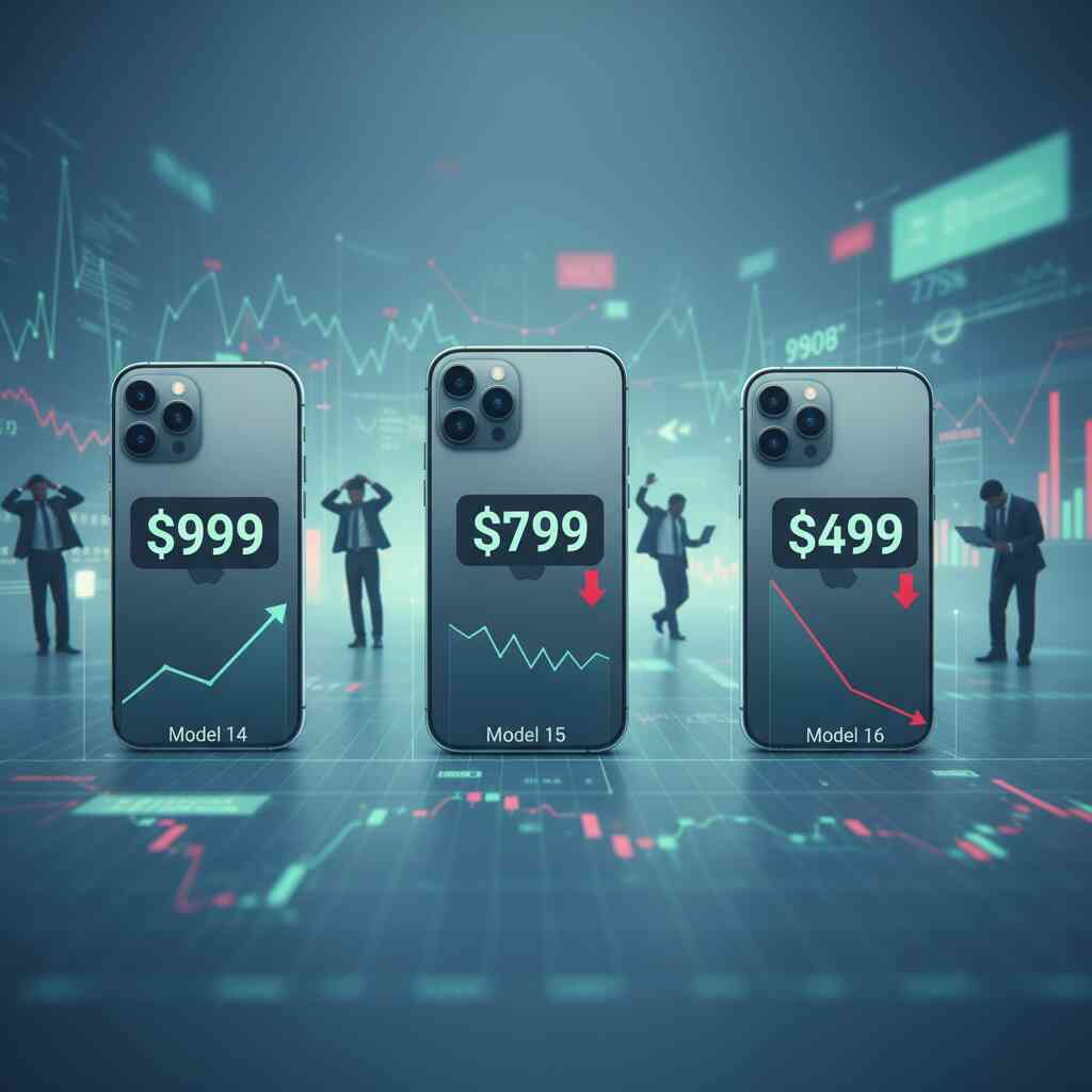 Shocking market chart with iPhone 14 rising, iPhone 15 flat, iPhone 16 collapsing—emotional traders reacting, dramatic crash-and-boom resale analysis