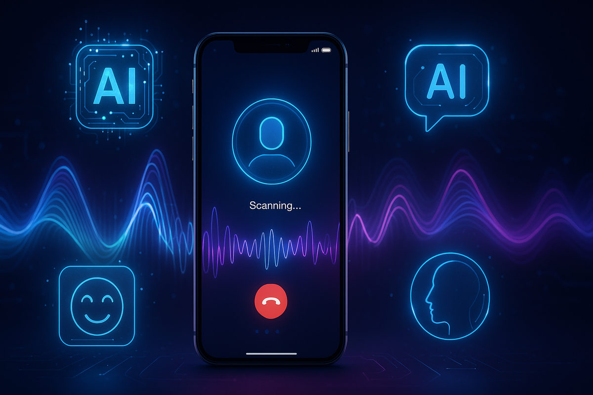 AI-powered iPhone scanning incoming call with neon waves—futuristic intelligence, emotional thrill, glowing trust in smart screening