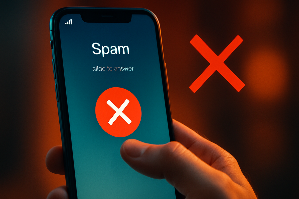 Hand rejecting spam call on iPhone with bold red X—emotional anger, dramatic rejection, powerful moment of blocking unwanted calls