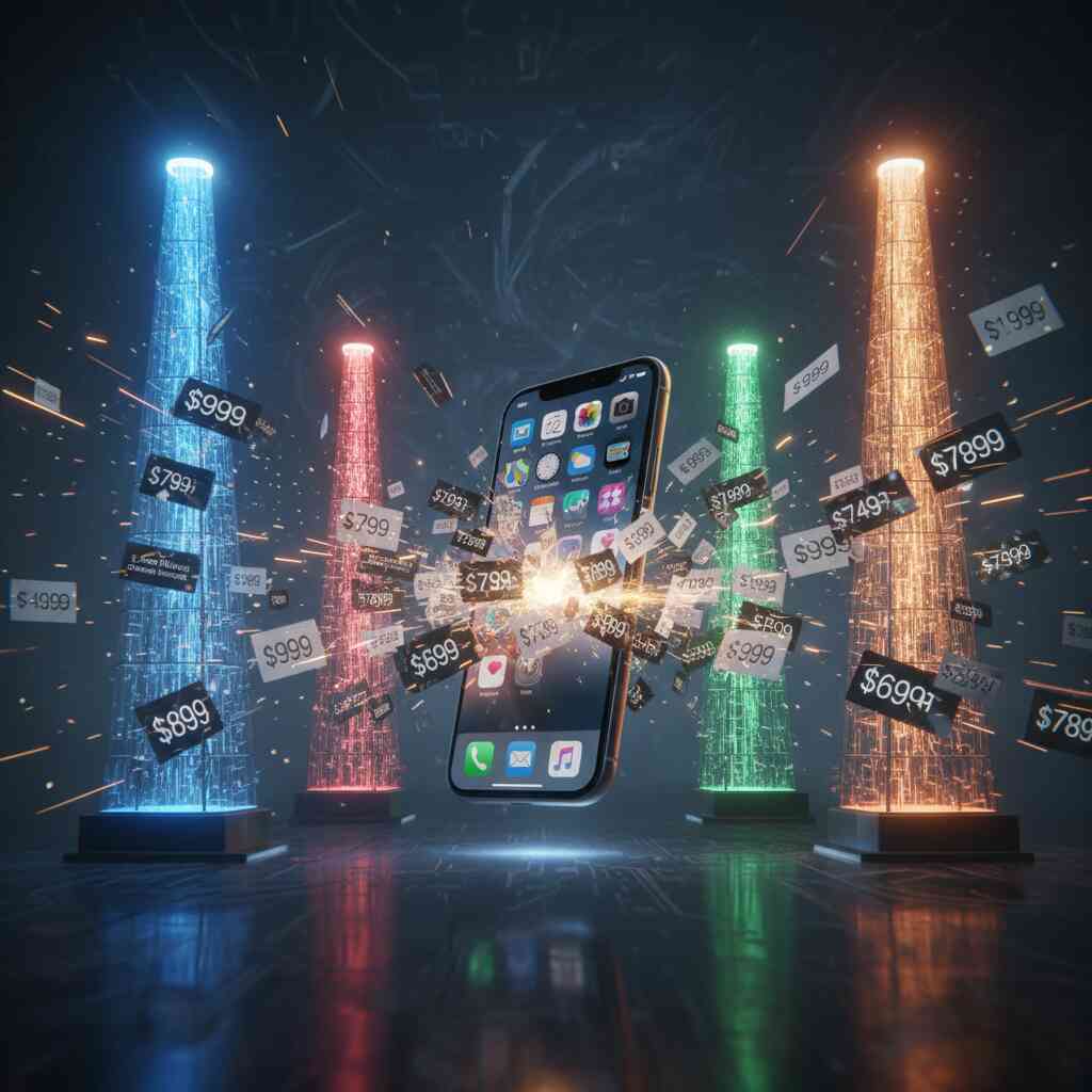 Explosive clash of glowing carrier towers around iPhone with price tags flying—emotional competition, dramatic cost battle, thrilling choice pressure