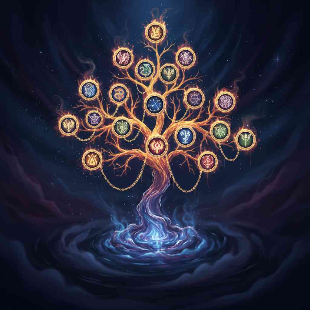 Mystical crest family tree—flaming branches adorned with glowing emblems of power—bloodline secrets, magical heritage, and eternal destiny