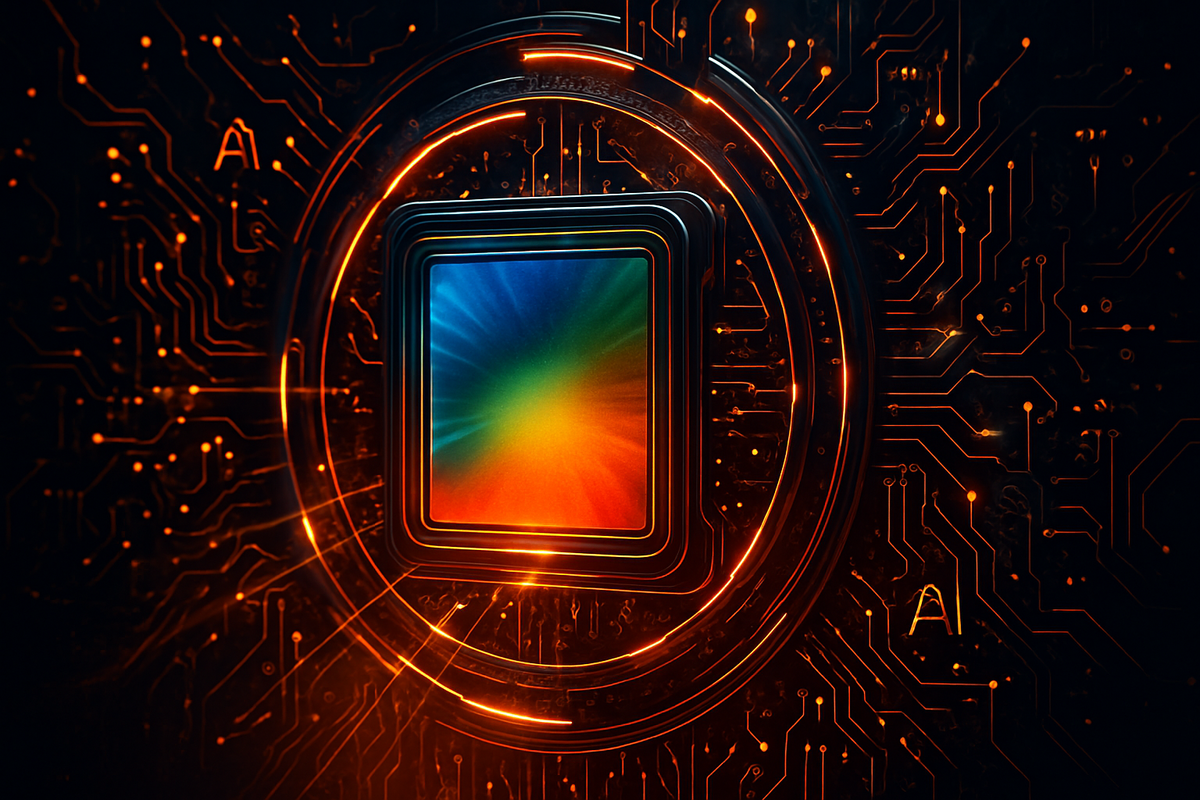 Colorful futuristic camera sensor glowing in cybernetic circuit board—massive sensor size upgrade, fiery speed, next-gen iPhone 17 image revolution