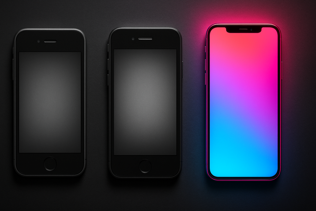Old iPhones vs bright glowing new model—before-and-after shock, bold upgrade leap, dazzling future of smartphone photography