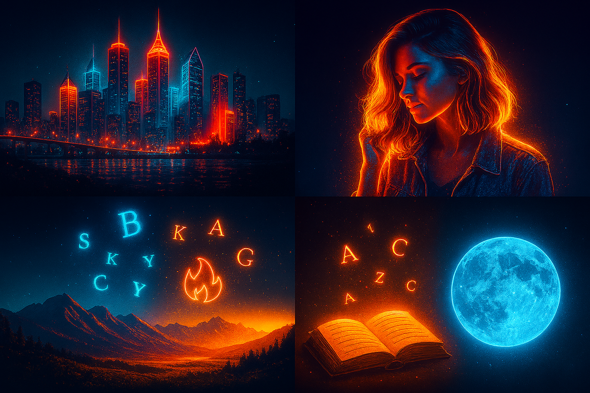 Neon split screen—city skyline, portrait, mountains, open book, glowing moon—versatile iPhone 17 camera modes, magical mood, limitless creativity