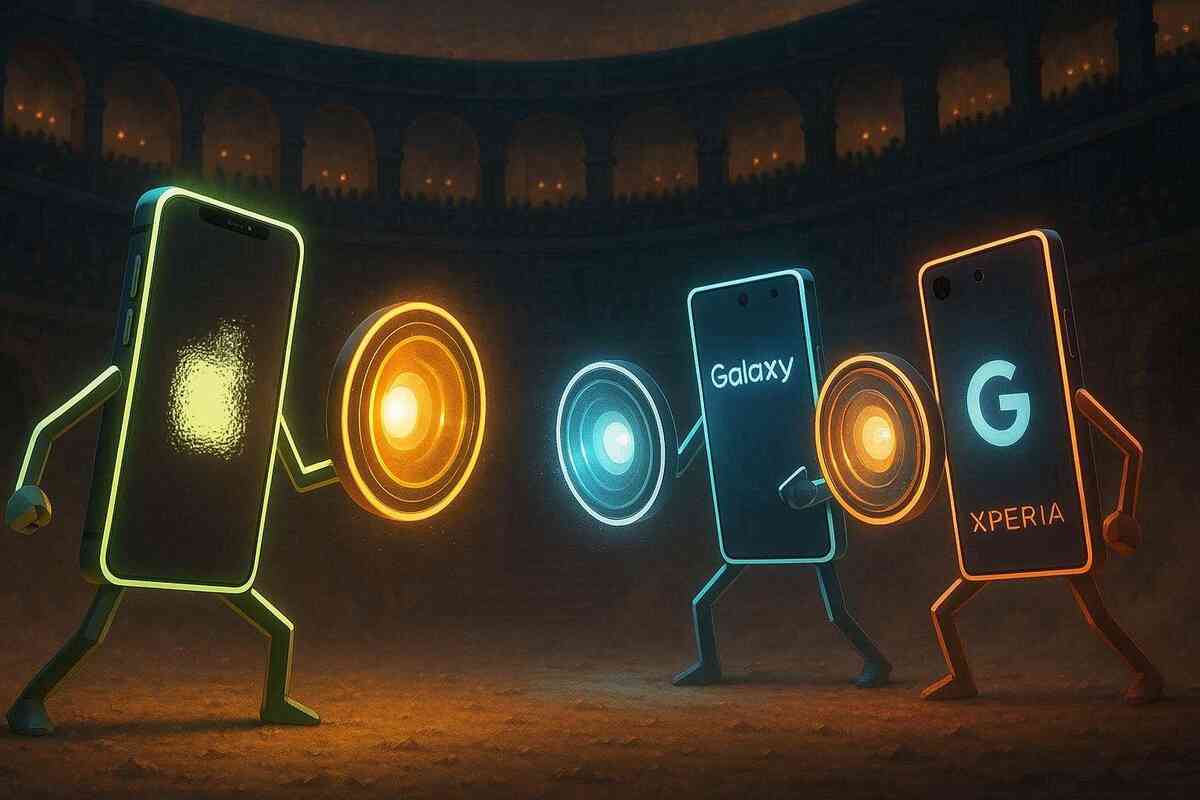 Cartoon battle arena—iPhone vs Galaxy vs Pixel vs Xperia, glowing shields, fierce camera war, epic rivalry for photo supremacy