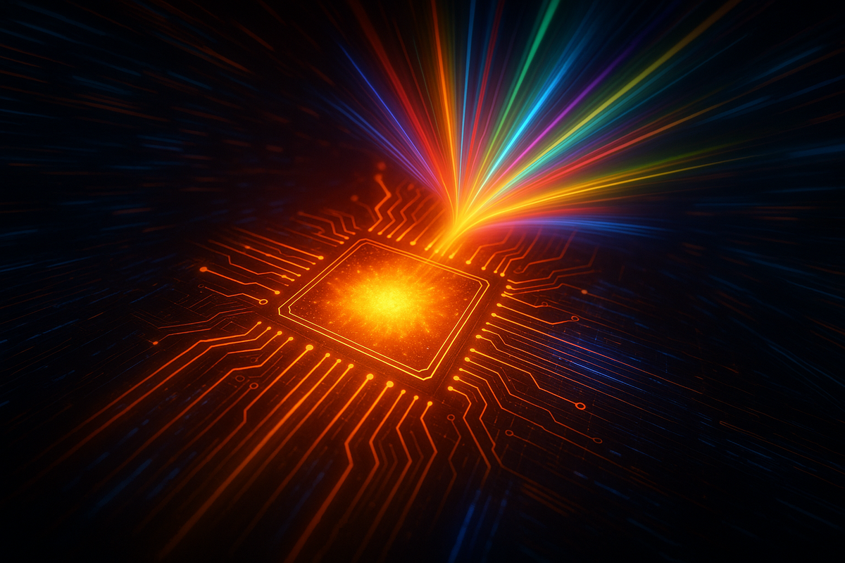 Exploding rainbow light from blazing processor chip—unstoppable energy of A19 performance, futuristic acceleration, pure innovation unleashed