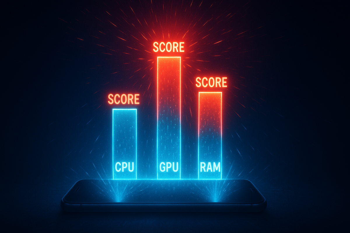 Glowing benchmark bar chart—CPU, GPU, RAM scores bursting from smartphone, fiery performance race, raw speed and cutting-edge power visualized