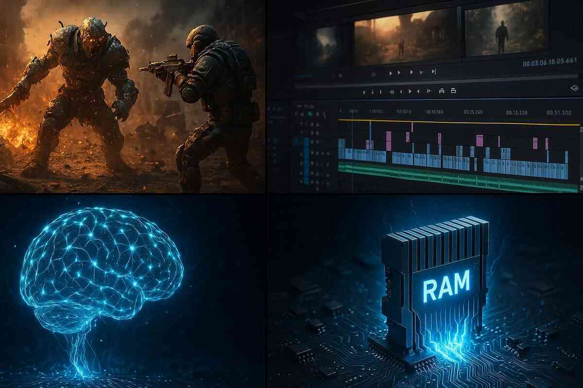 Intense split screen—epic 3D gaming battle, video editing timeline, glowing AI brain, blazing RAM chip—ultimate stress test of iPhone 17’s memory