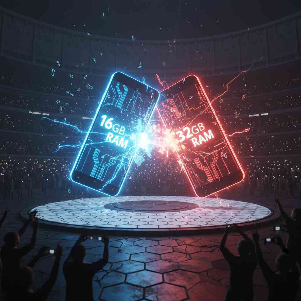Colosseum battle of 16GB vs 32GB smartphones—arena clash of giants, electrifying sparks, roaring crowd, high-stakes RAM war for supremacy