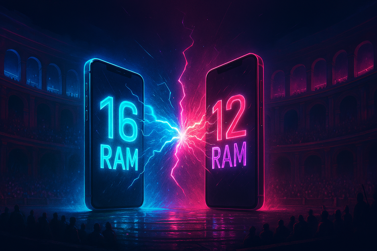 Neon gladiator fight—16GB RAM vs 12GB RAM smartphones in a thunderous arena—lightning strike of speed, passion, and next-gen performance
