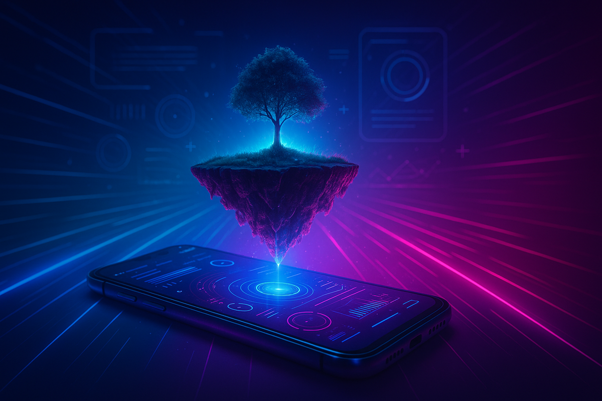 Magical floating island tree above smartphone interface—dreamy neon colors, futuristic ecosystem, innovation blooming, emotional wonder