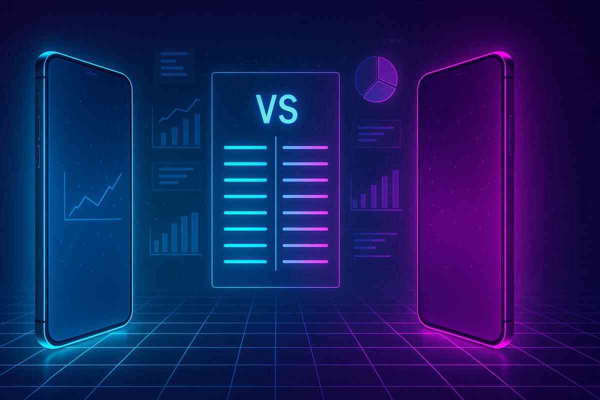 VS showdown glowing grid—two neon smartphones facing off with comparison chart—tense duel, dramatic clash, decisive upgrade battle