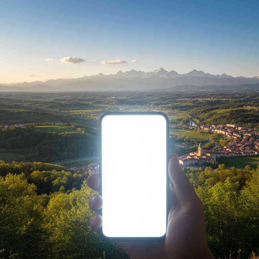 Hand holding glowing smartphone against bright mountain landscape—sunlight brilliance, outdoor clarity, surreal shine, epic natural harmony