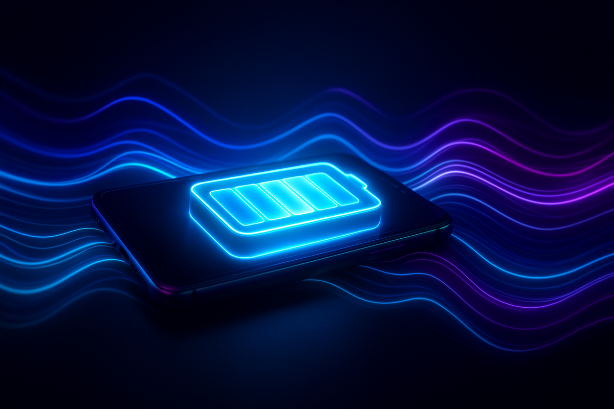 Smartphone glowing with neon battery icon—waves of blue and purple energy flowing—endless stamina, electrifying vitality, unstoppable life force