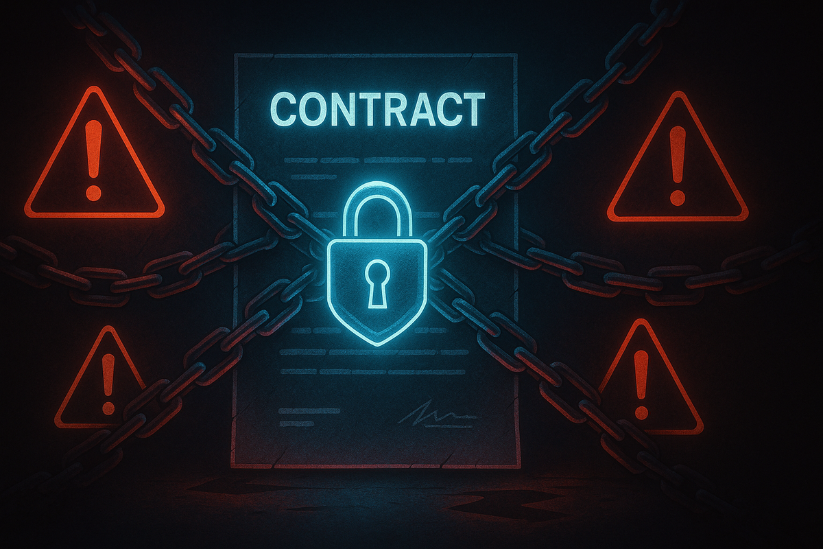 Contract locked in neon chains—glowing padlock and warning signs, hidden traps and strict rules, tense atmosphere of restriction and danger